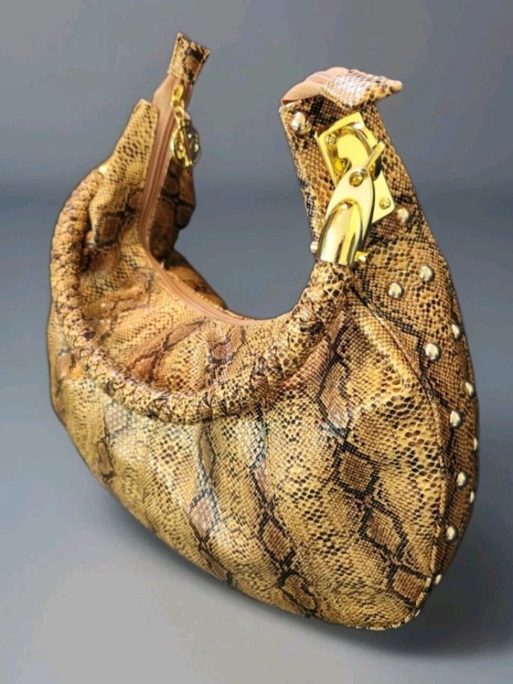 Calla Faux Snakeskin Hobo Handbag Golden Brown Python Print Studded Charm Y2K - Picture 3 of 16